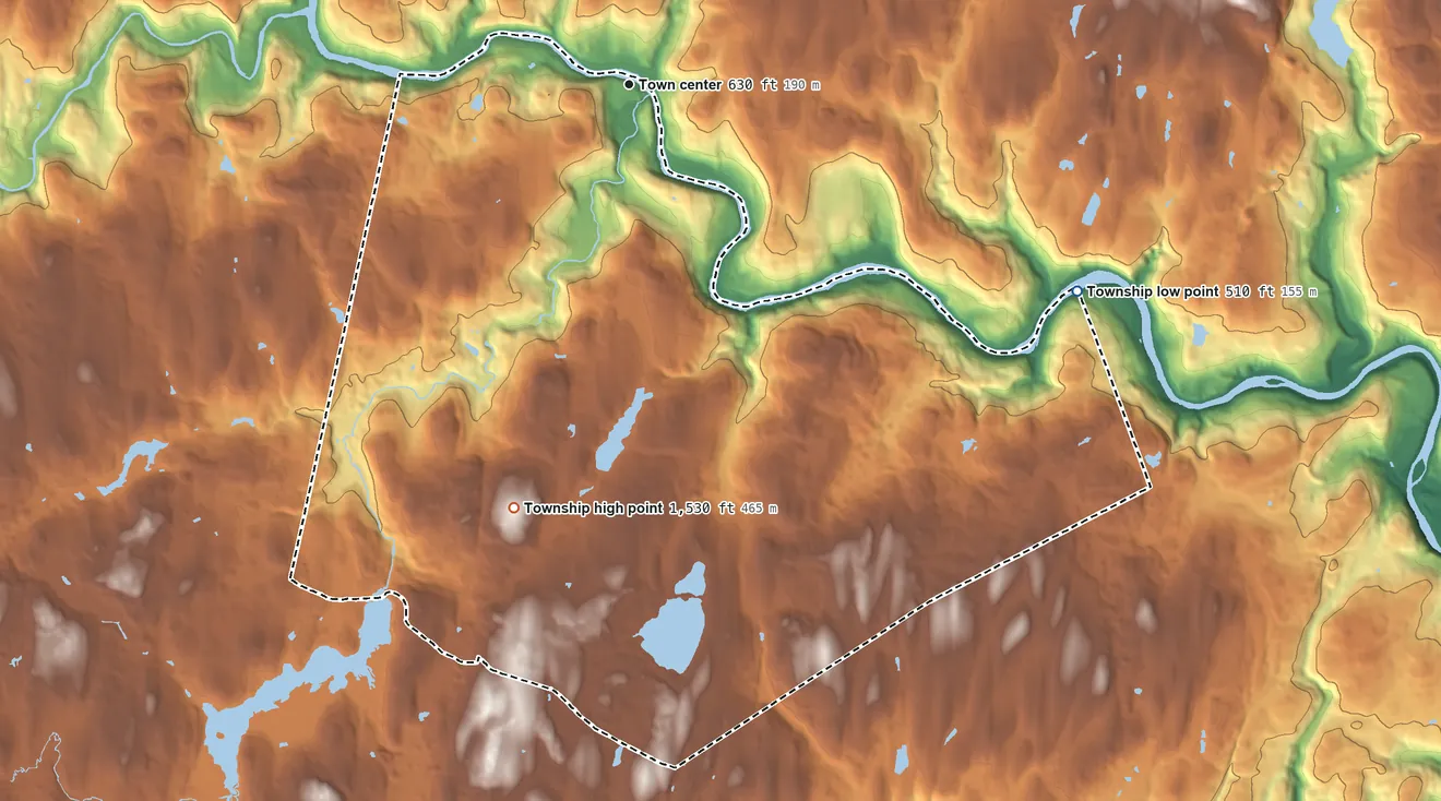 Topographic elevation map of Shohola Township, Pennsylvania, shaded from 510 ft on the southeast side to 1,530 ft on Bald Hill