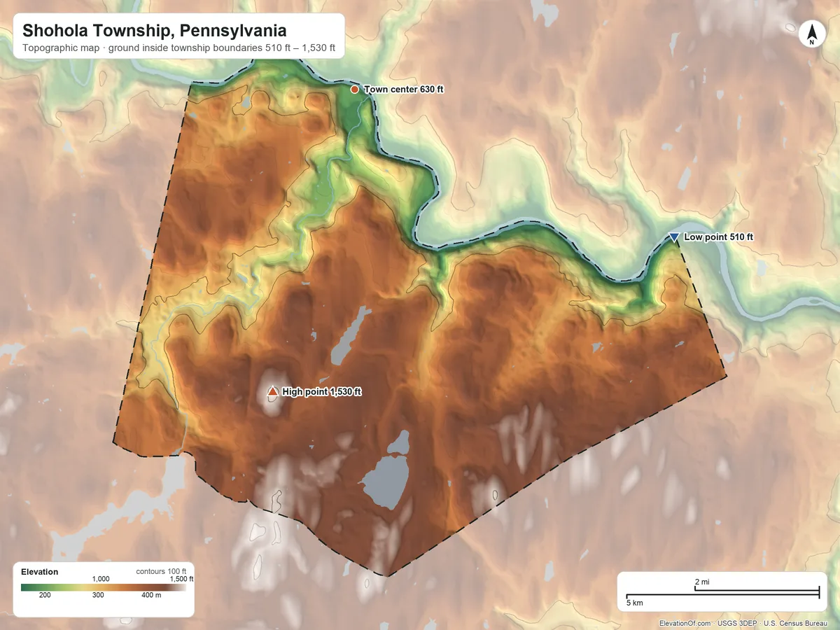 Topographic elevation map of Shohola Township, Pennsylvania, shaded from 510 ft on the southeast side to 1,530 ft on Bald Hill