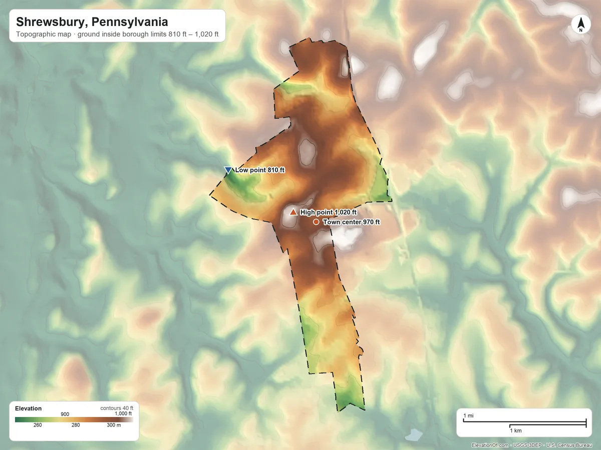 Topographic elevation map of Shrewsbury, Pennsylvania, shaded from 810 ft on the northwest side to 1,020 ft near the middle
