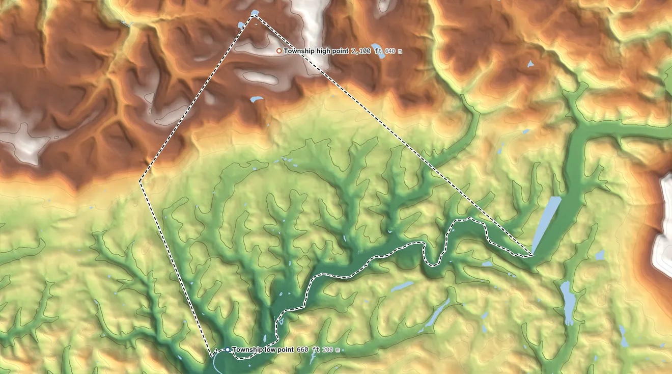 Topographic elevation map of Shrewsbury Township, Lycoming County, Pennsylvania, shaded from 660 ft on the southwest side to 2,100 ft on the north side
