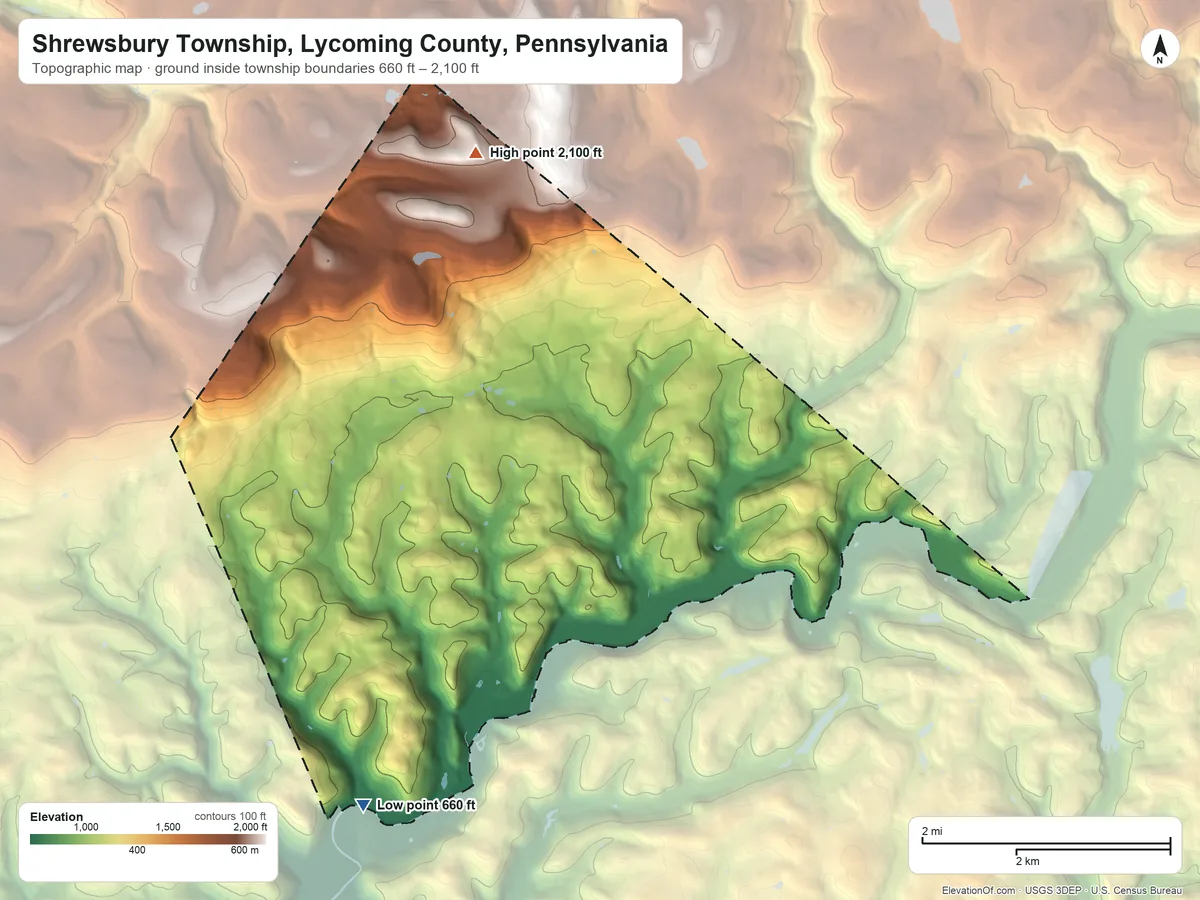 Topographic elevation map of Shrewsbury Township, Lycoming County, Pennsylvania, shaded from 660 ft on the southwest side to 2,100 ft on the north side