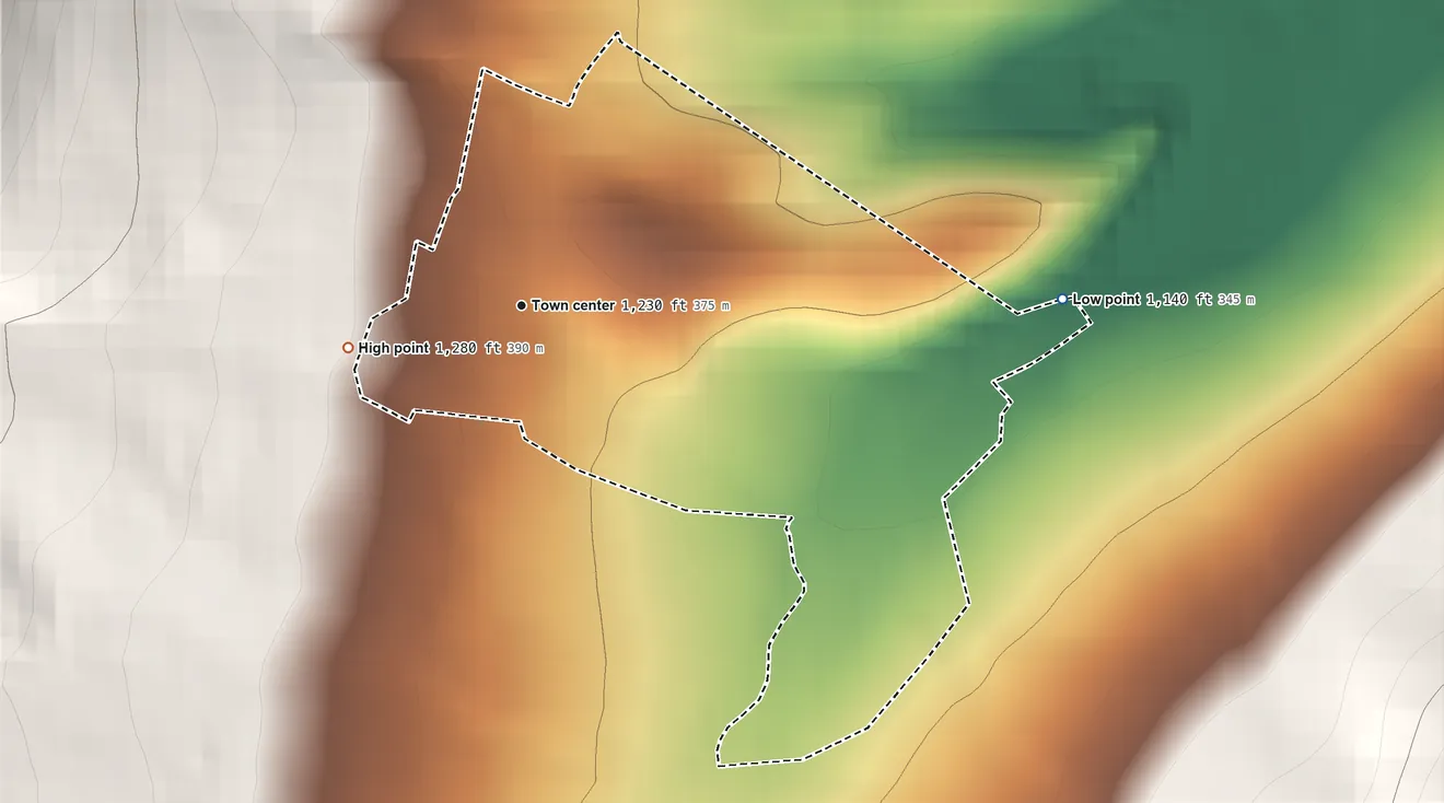 Topographic elevation map of Sickles Corner, Pennsylvania, shaded from 1,140 ft on the east side to 1,280 ft on the west edge, below higher ground just outside