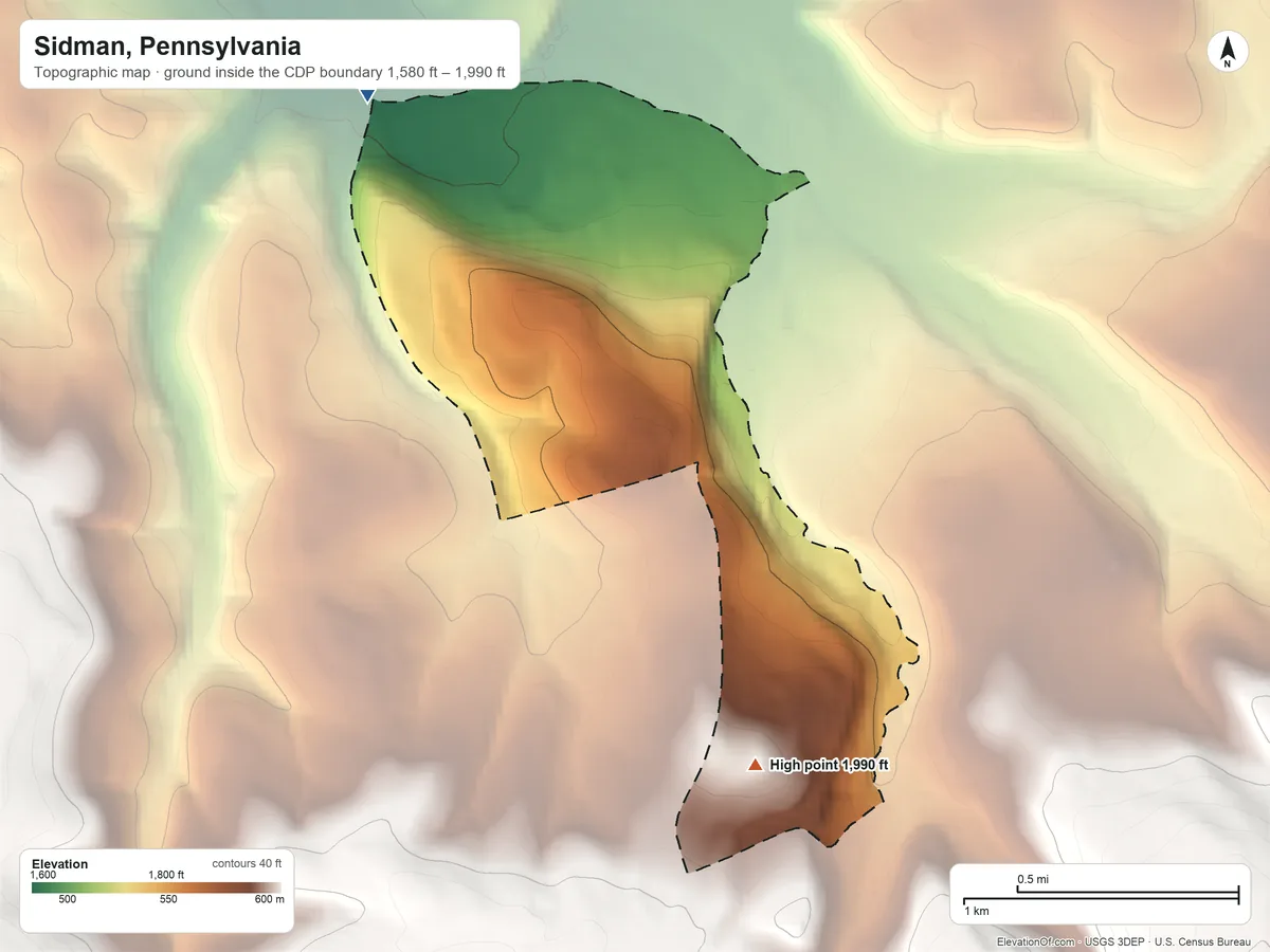 Topographic elevation map of Sidman, Pennsylvania, shaded from 1,580 ft on the northwest side to 1,990 ft on the south edge, below higher ground just outside