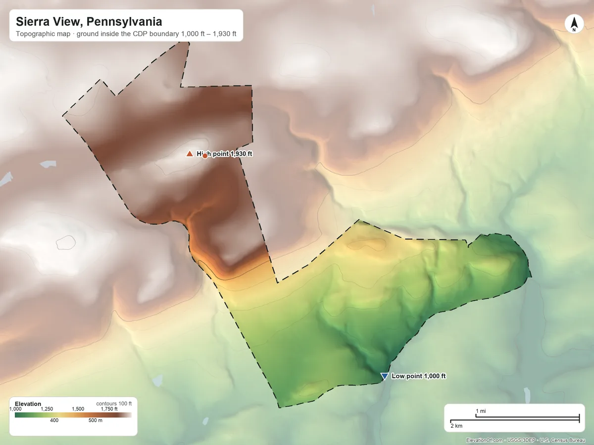 Topographic elevation map of Sierra View, Pennsylvania, shaded from 1,000 ft on the southeast side to 1,930 ft near the middle