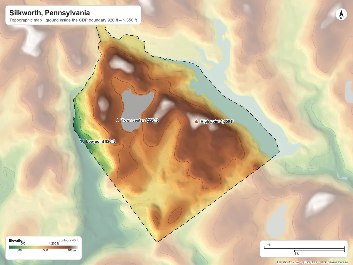 Topographic elevation map of Silkworth, Pennsylvania, shaded from 920 ft on the southwest side to 1,350 ft on the east side