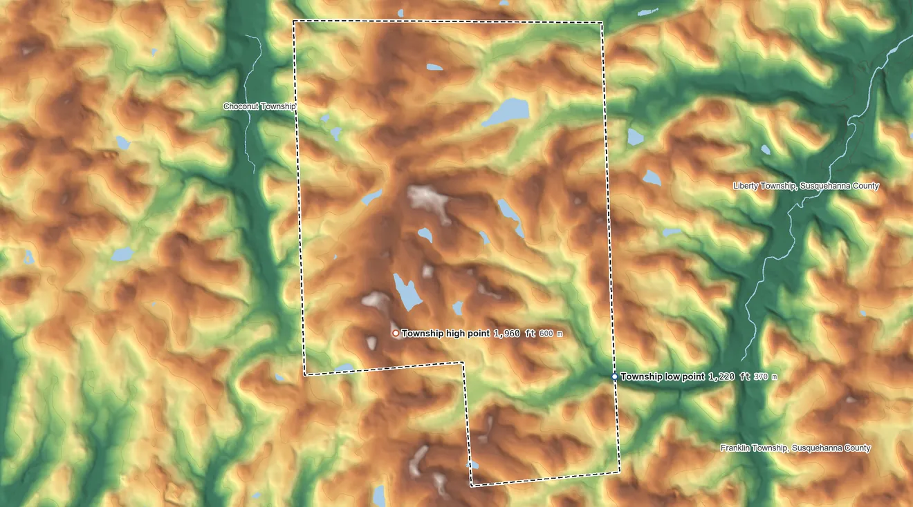 Topographic elevation map of Silver Lake Township, Pennsylvania, shaded from 1,220 ft on the southeast side to 1,960 ft on the south side