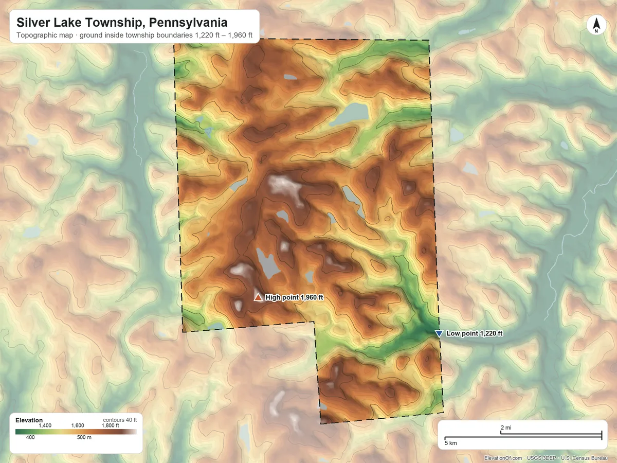 Topographic elevation map of Silver Lake Township, Pennsylvania, shaded from 1,220 ft on the southeast side to 1,960 ft on the south side