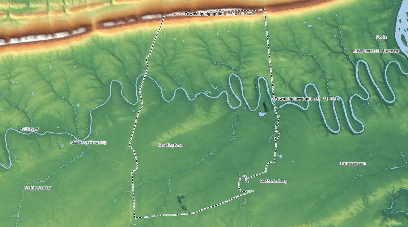 Topographic elevation map of Silver Spring Township, Pennsylvania, shaded from 350 ft on the northeast side to 1,310 ft on the north side