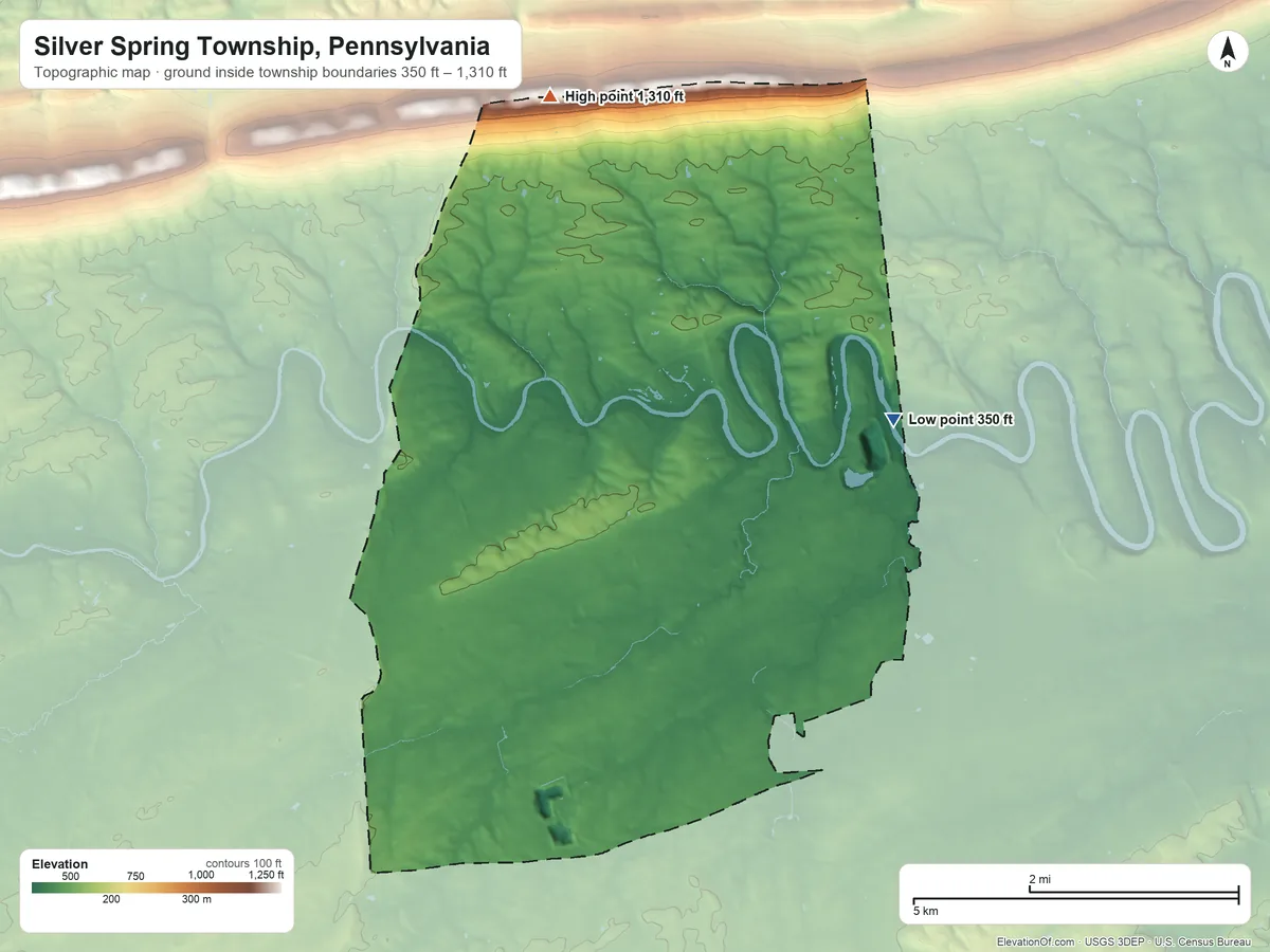 Topographic elevation map of Silver Spring Township, Pennsylvania, shaded from 350 ft on the northeast side to 1,310 ft on the north side