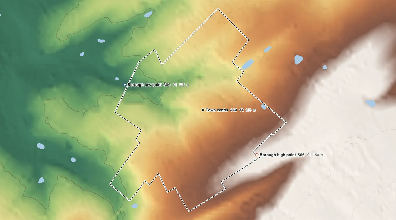Topographic elevation map of Silverdale, Pennsylvania, shaded from 380 ft on the west side to 500 ft on the southeast side