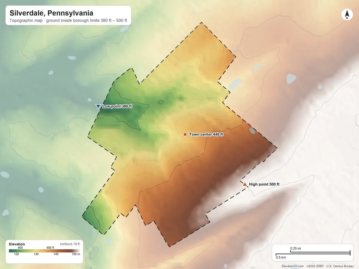 Topographic elevation map of Silverdale, Pennsylvania, shaded from 380 ft on the west side to 500 ft on the southeast side