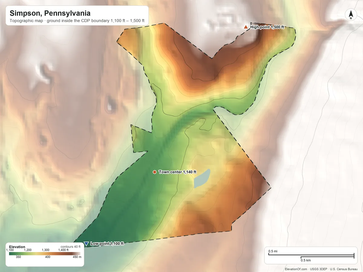 Topographic elevation map of Simpson, Pennsylvania, shaded from 1,100 ft on the southwest side to 1,500 ft at the foot of the Moosic Mountains
