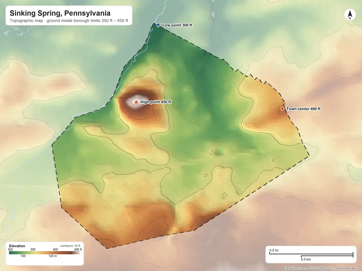 Topographic elevation map of Sinking Spring, Pennsylvania, shaded from 300 ft on the northwest side to 450 ft at the foot of the South Mountain