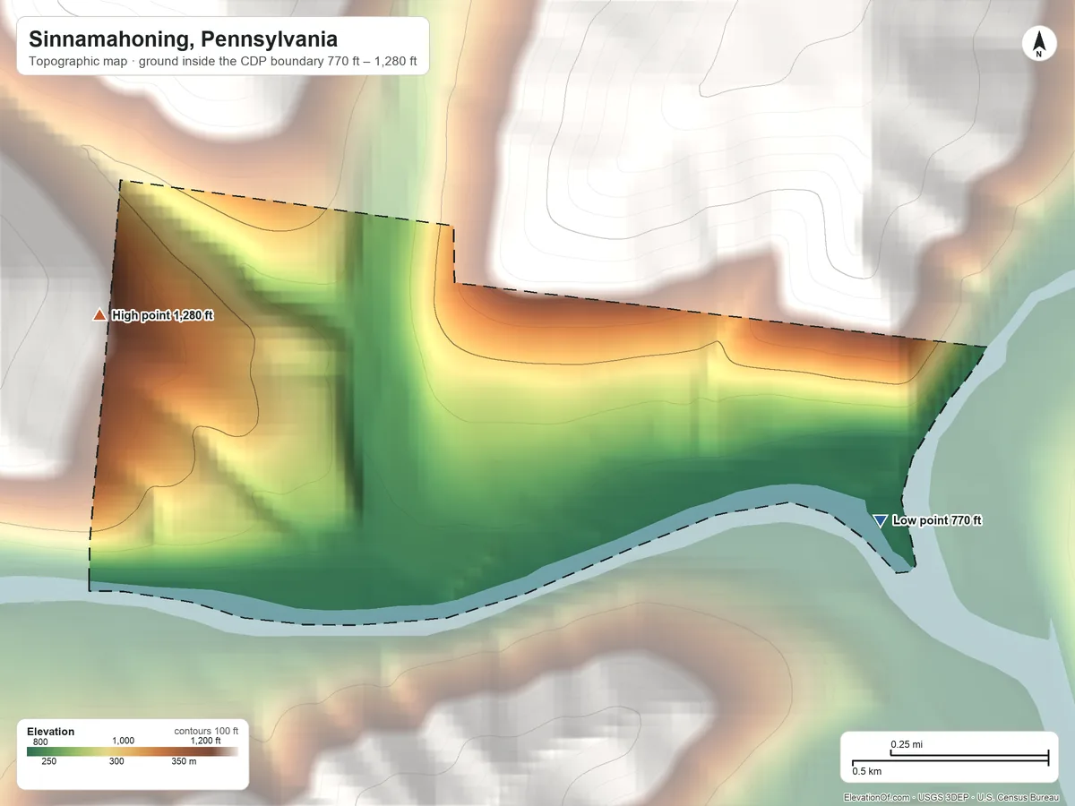 Topographic elevation map of Sinnamahoning, Pennsylvania, shaded from 770 ft on the east side to 1,280 ft on the northwest edge, below higher ground just outside