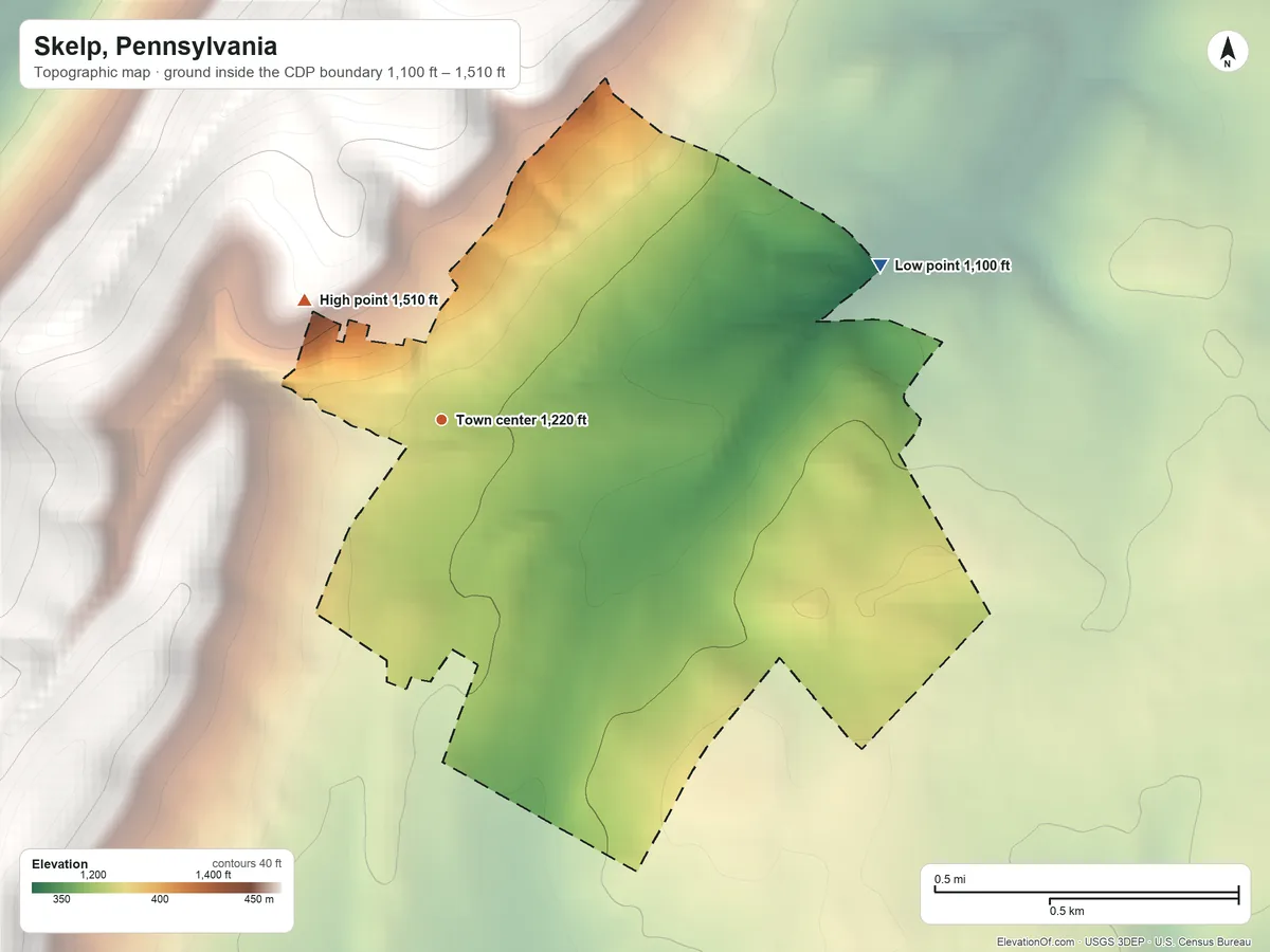 Topographic elevation map of Skelp, Pennsylvania, shaded from 1,100 ft on the east side to 1,510 ft on the northwest edge, below higher ground just outside