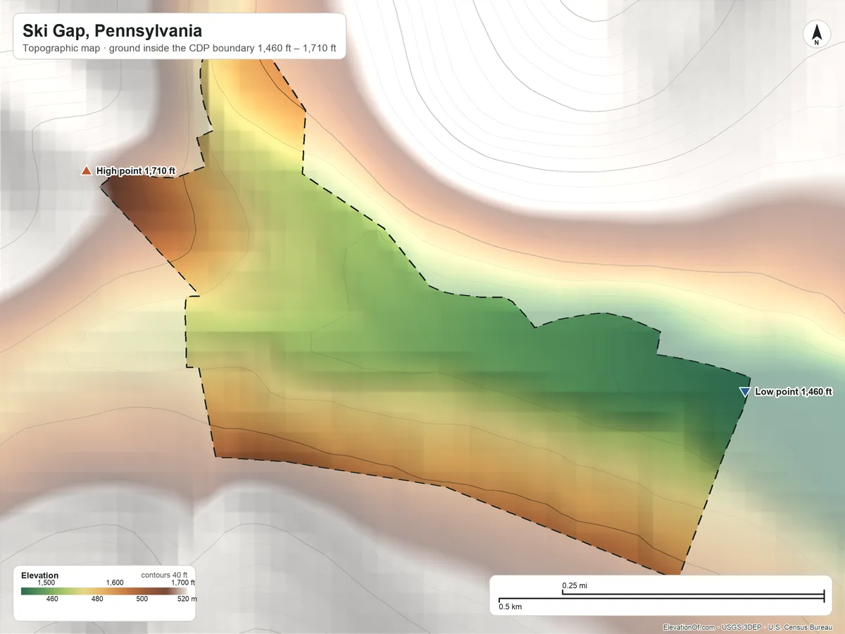 Topographic elevation map of Ski Gap, Pennsylvania, shaded from 1,460 ft on the southeast side to 1,710 ft at the foot of the Tussey Mountain