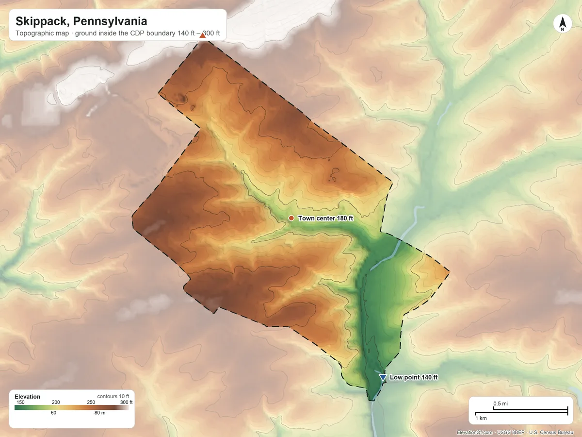 Topographic elevation map of Skippack, Pennsylvania, shaded from 140 ft on the southeast side to 300 ft on the northwest side