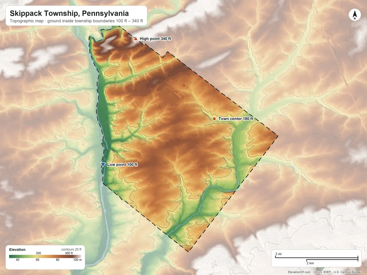 Topographic elevation map of Skippack Township, Pennsylvania, shaded from 100 ft on the west side to 340 ft on the northwest side