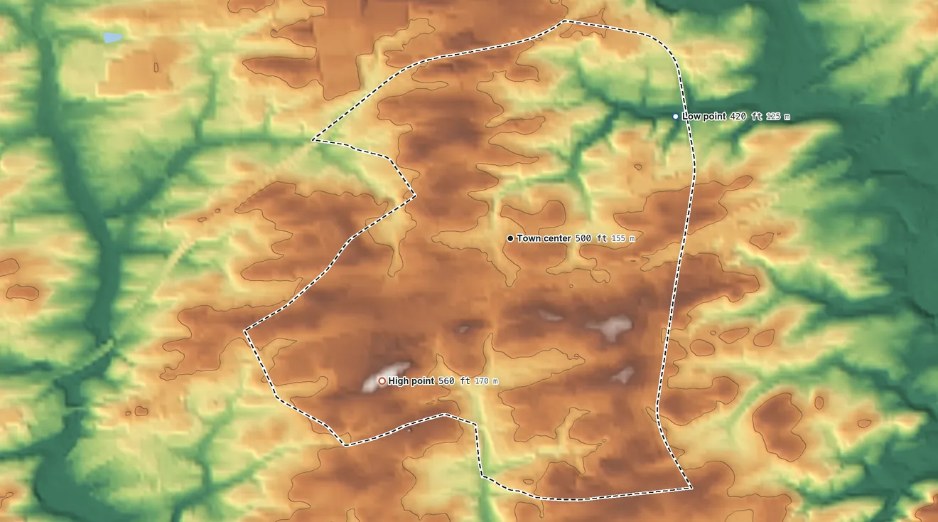 Topographic elevation map of Skyline View, Pennsylvania, shaded from 420 ft on the northeast side to 560 ft on the southwest side