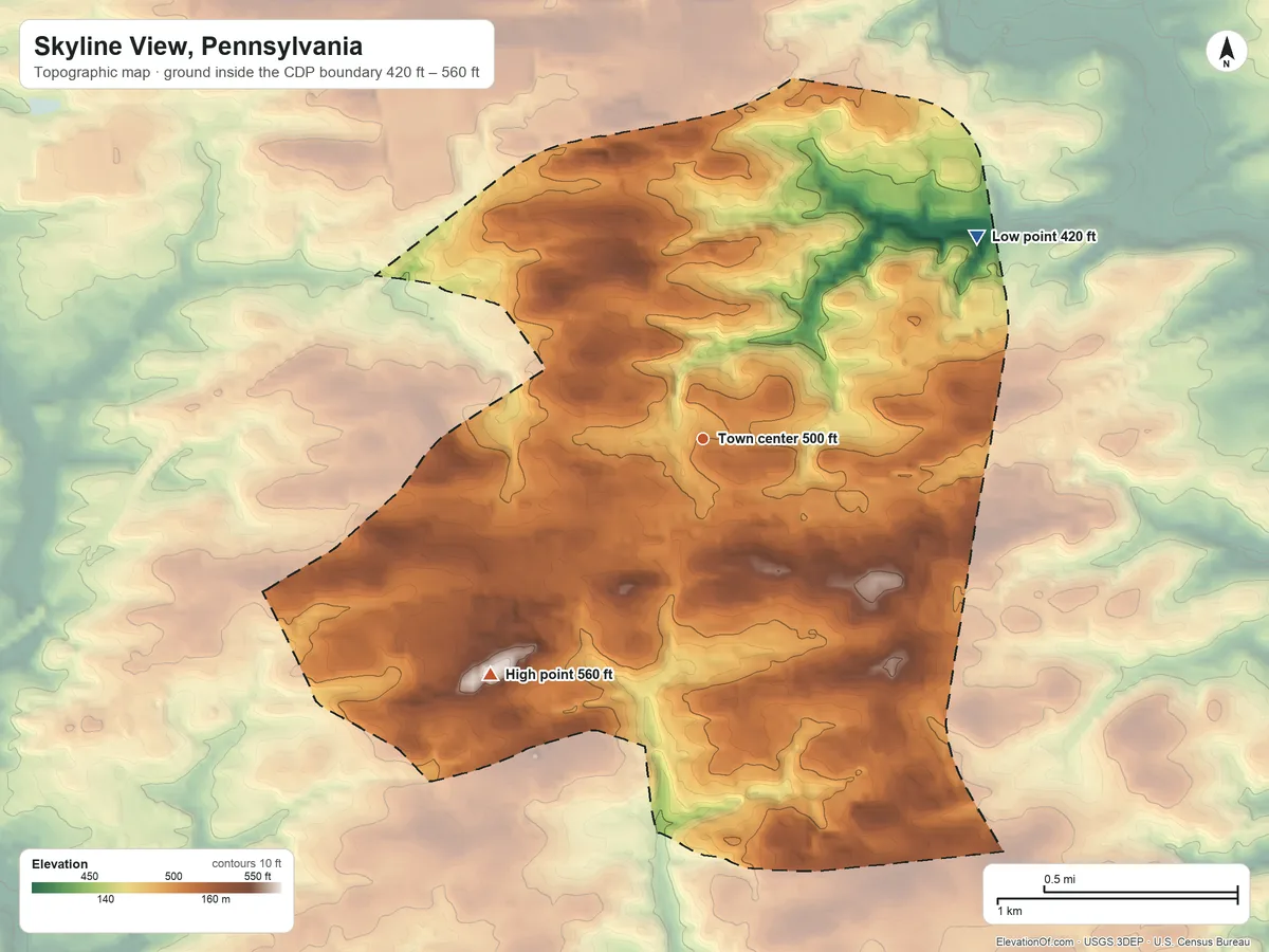 Topographic elevation map of Skyline View, Pennsylvania, shaded from 420 ft on the northeast side to 560 ft on the southwest side