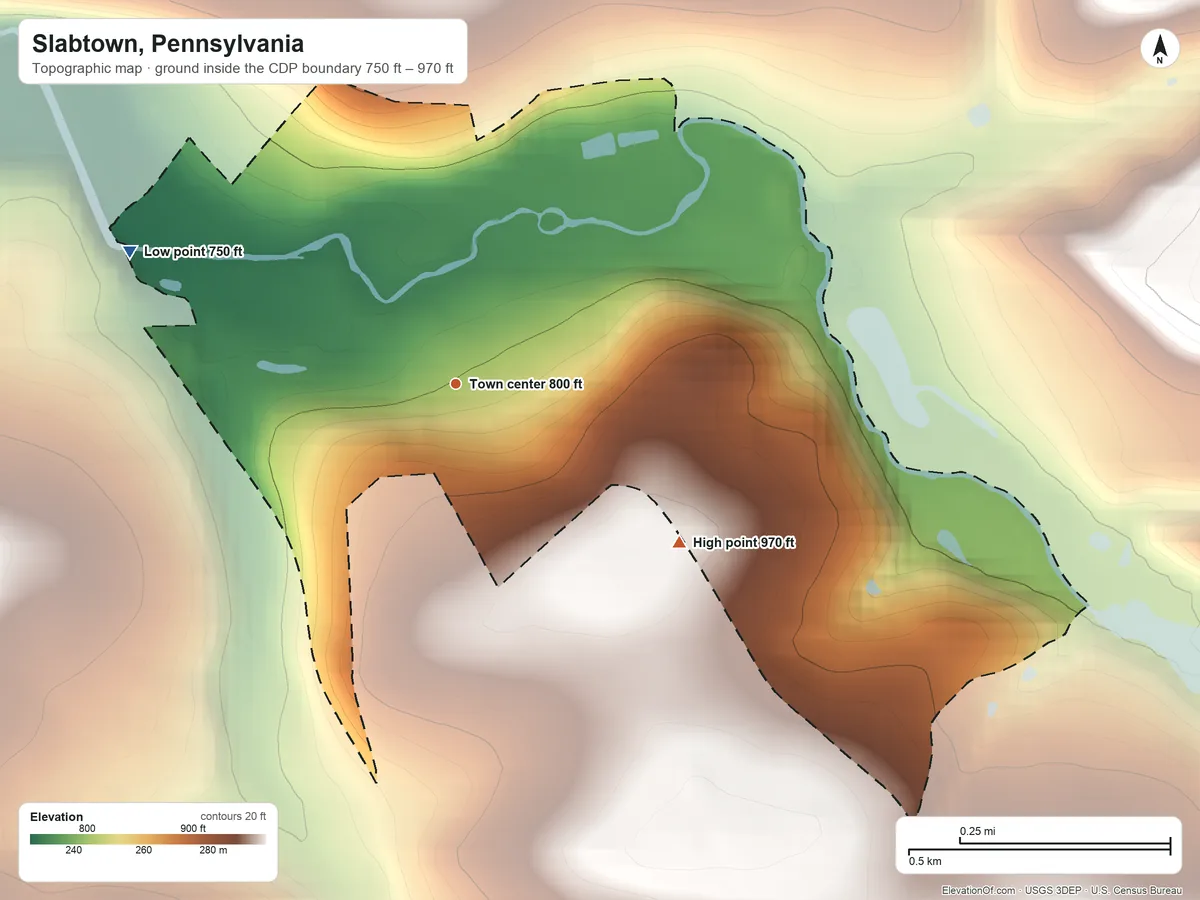 Topographic elevation map of Slabtown, Pennsylvania, shaded from 750 ft on the west side to 970 ft on the southeast side