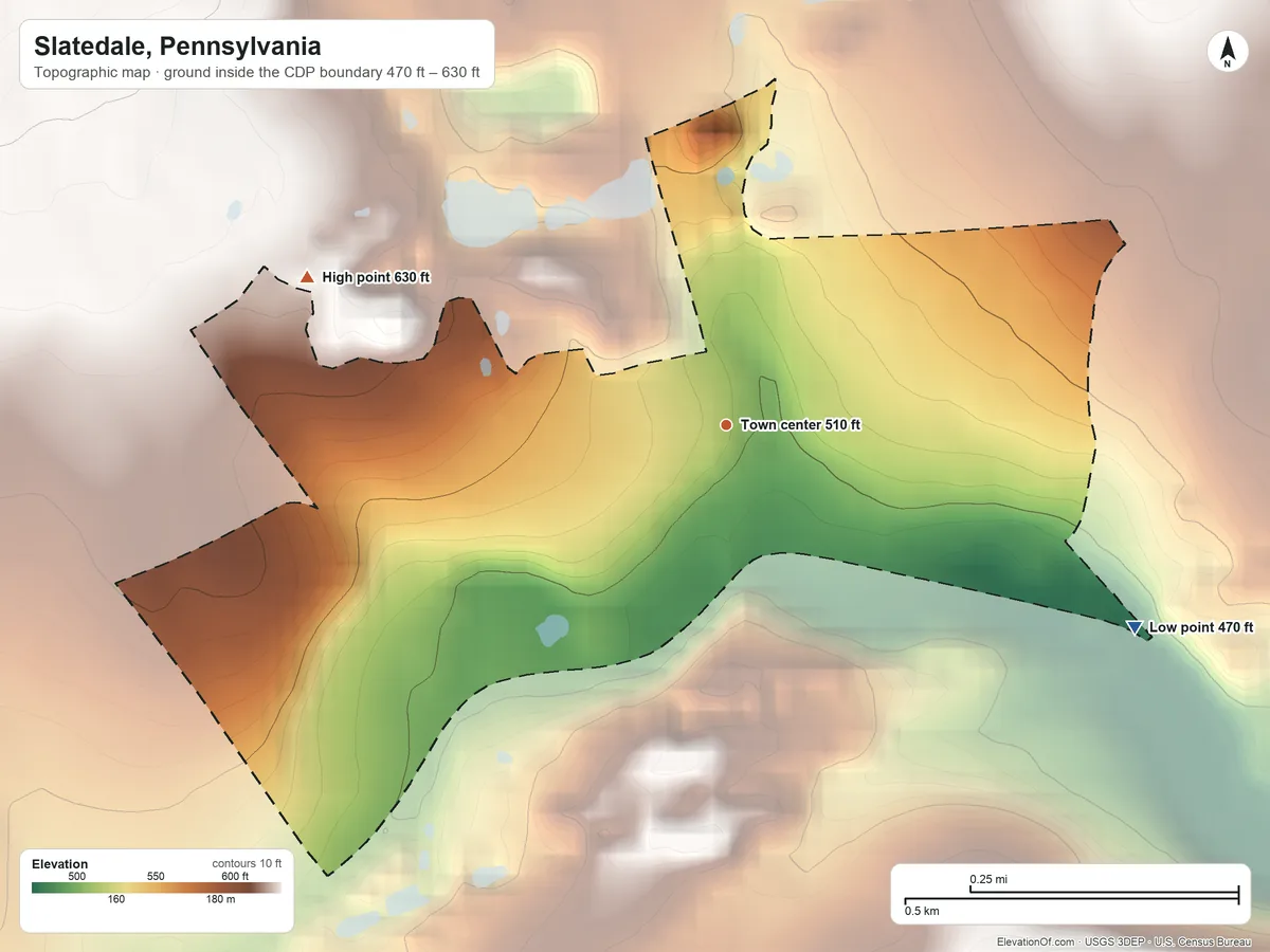 Topographic elevation map of Slatedale, Pennsylvania, shaded from 470 ft on the southeast side to 630 ft at the foot of the Indian Hills