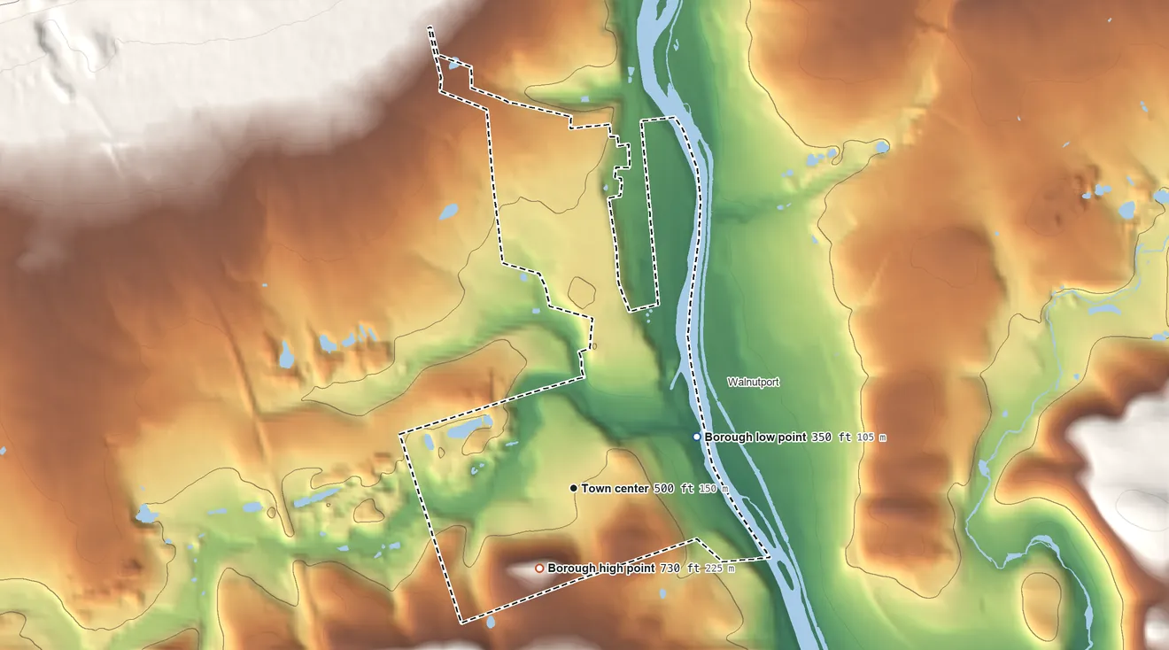Topographic elevation map of Slatington, Pennsylvania, shaded from 350 ft on the northeast side to 730 ft on the southwest side