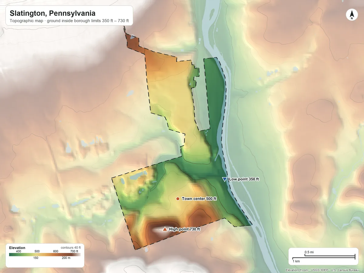 Topographic elevation map of Slatington, Pennsylvania, shaded from 350 ft on the northeast side to 730 ft on the southwest side