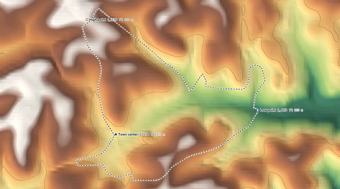 Topographic elevation map of Slickville, Pennsylvania, shaded from 1,060 ft on the east side to 1,330 ft on the north side