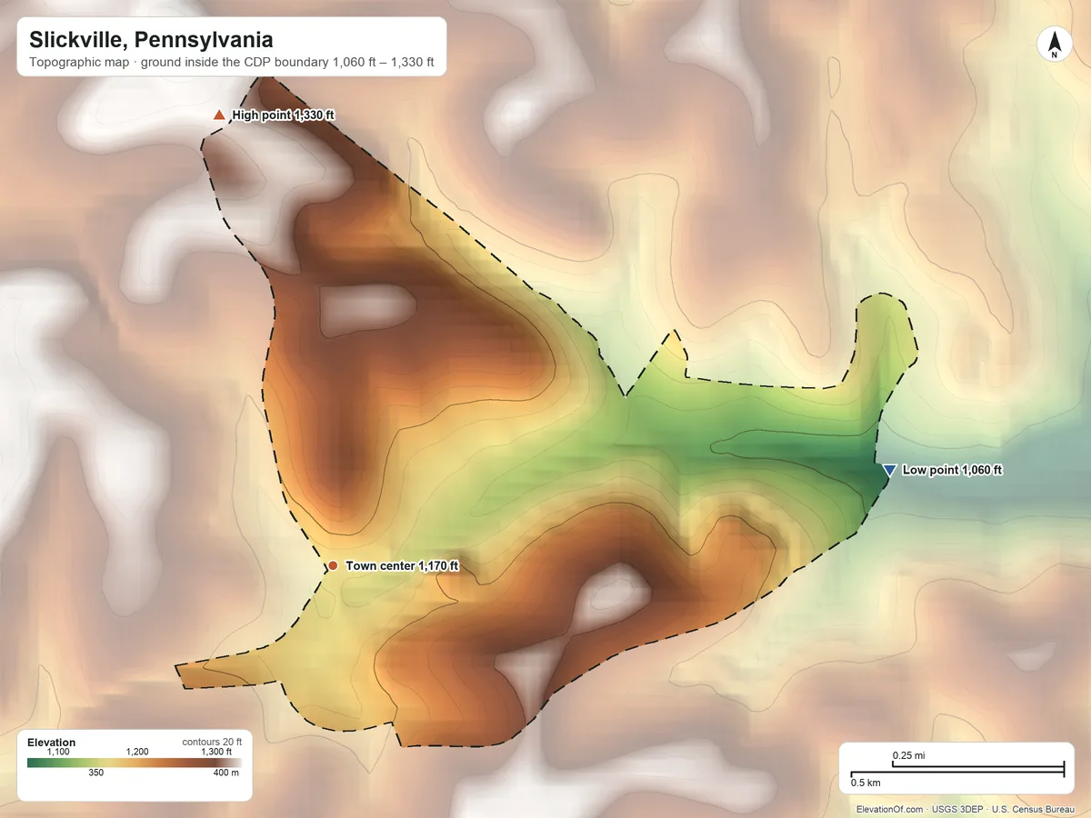 Topographic elevation map of Slickville, Pennsylvania, shaded from 1,060 ft on the east side to 1,330 ft on the north side