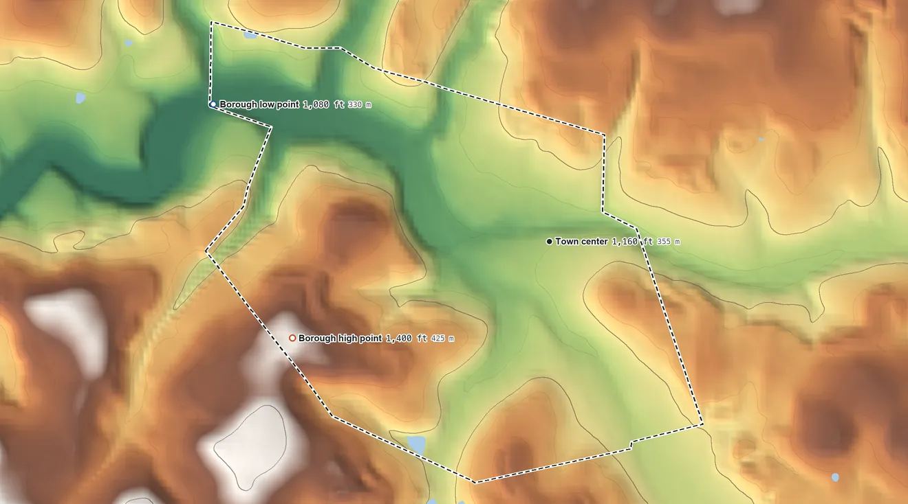 Topographic elevation map of Sligo, Pennsylvania, shaded from 1,080 ft on the west side to 1,400 ft on the west side
