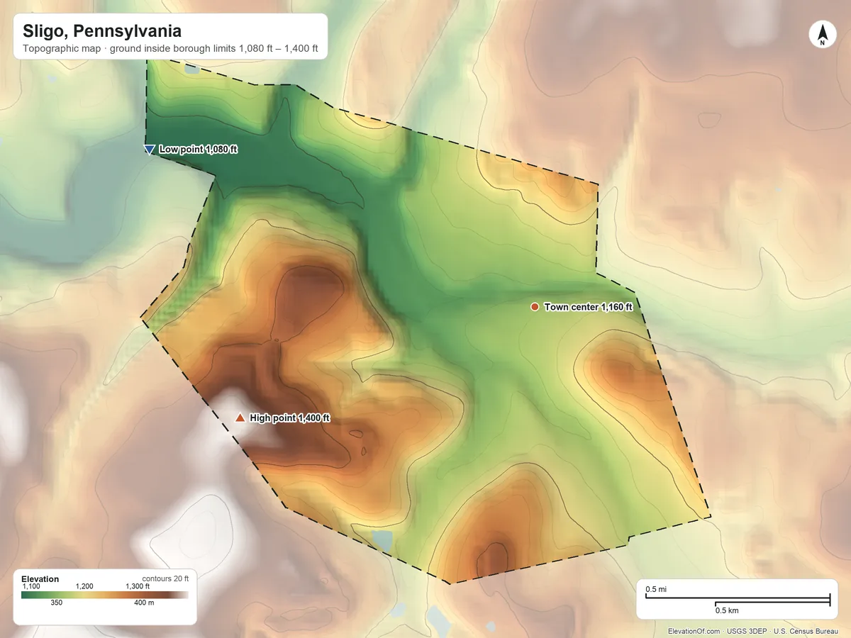 Topographic elevation map of Sligo, Pennsylvania, shaded from 1,080 ft on the west side to 1,400 ft on the west side