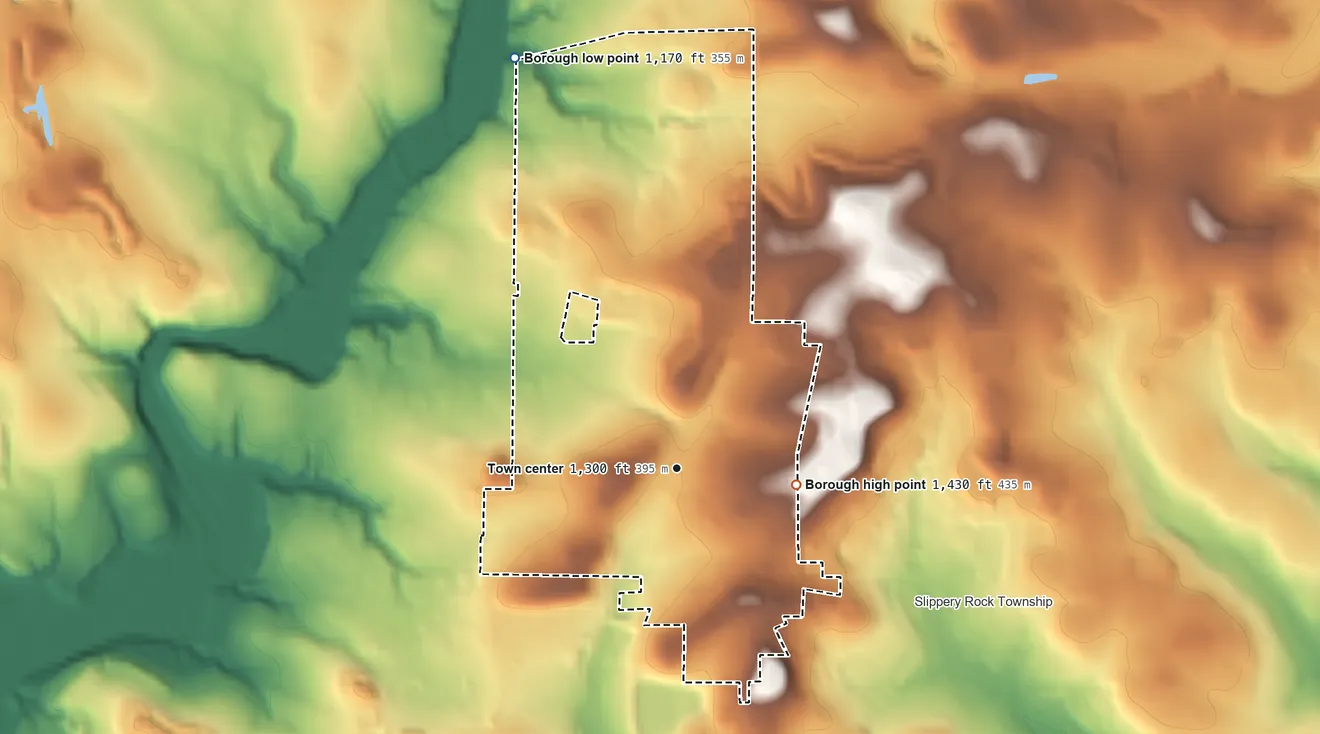 Topographic elevation map of Slippery Rock, Pennsylvania, shaded from 1,170 ft on the north side to 1,430 ft on the east side