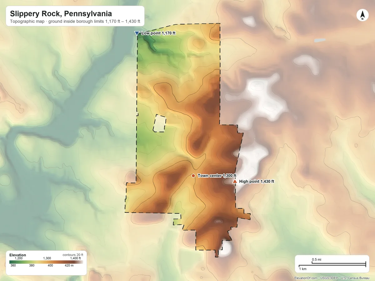 Topographic elevation map of Slippery Rock, Pennsylvania, shaded from 1,170 ft on the north side to 1,430 ft on the east side