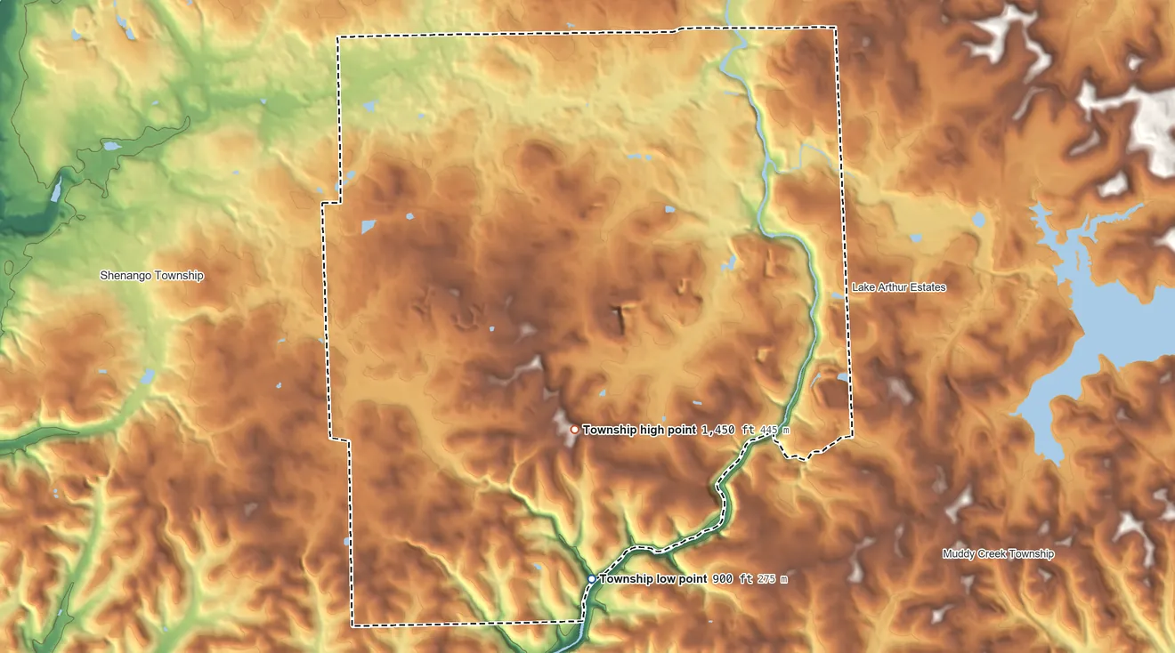 Topographic elevation map of Slippery Rock Township, Lawrence County, Pennsylvania, shaded from 900 ft on the south side to 1,450 ft on the south side