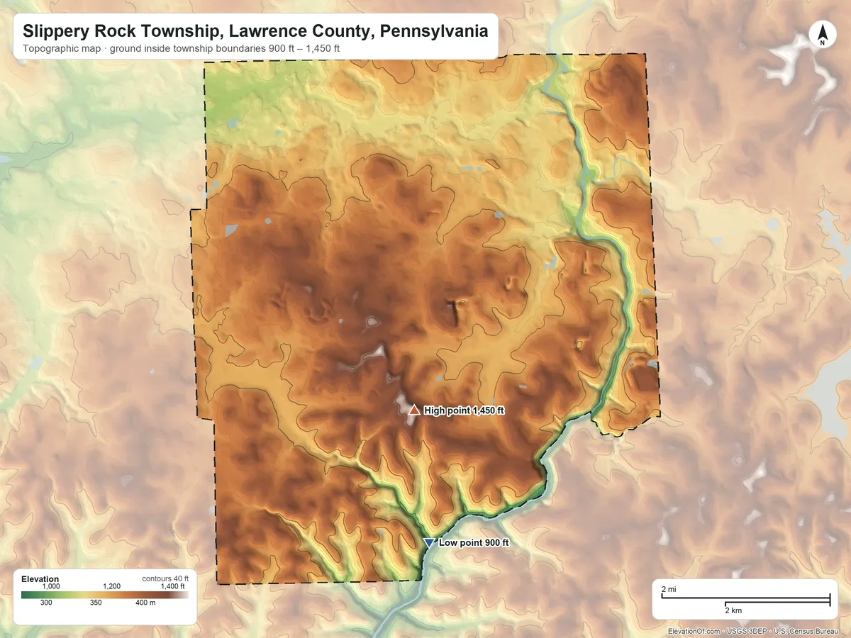 Topographic elevation map of Slippery Rock Township, Lawrence County, Pennsylvania, shaded from 900 ft on the south side to 1,450 ft on the south side