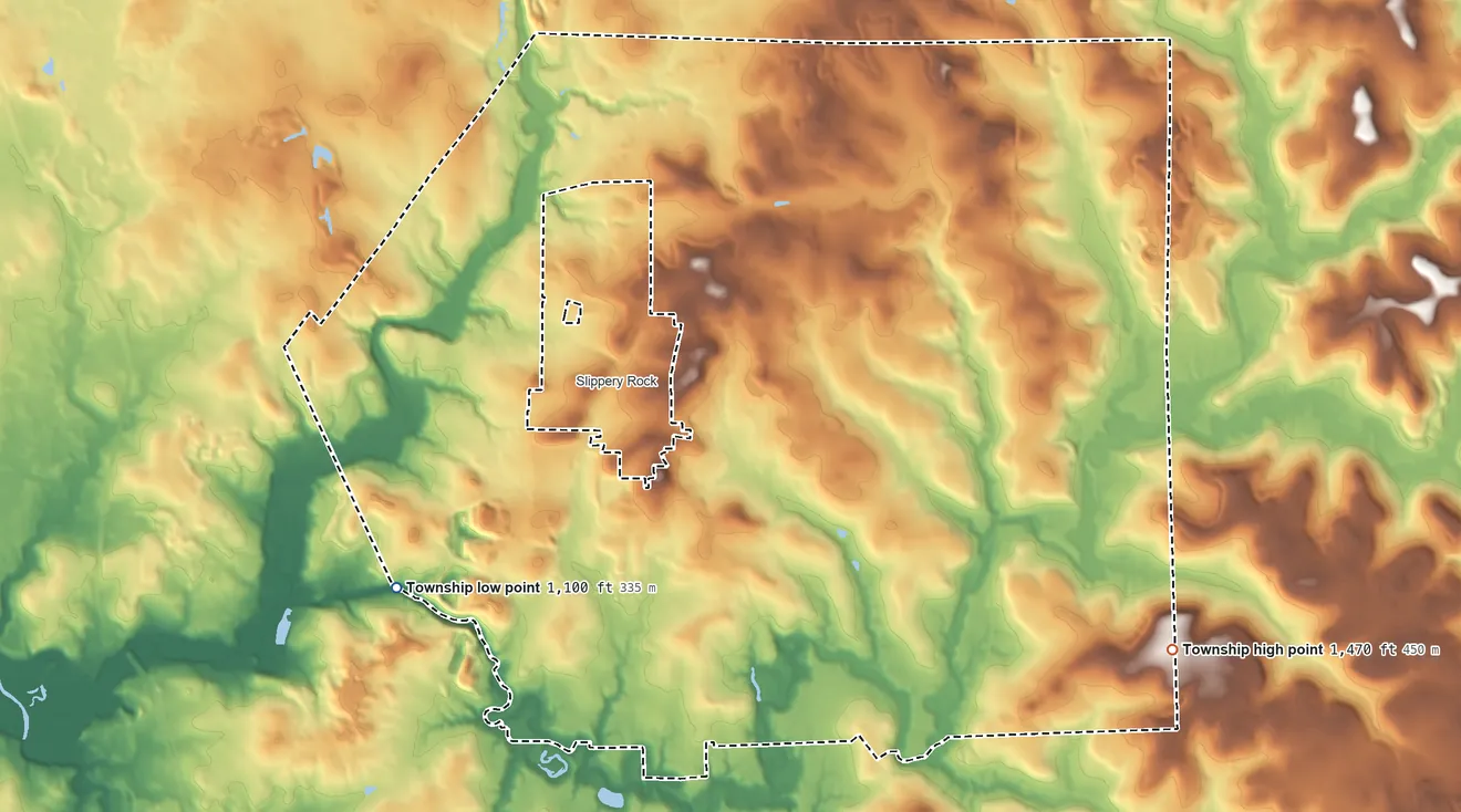 Topographic elevation map of Slippery Rock Township, Pennsylvania, shaded from 1,100 ft on the west side to 1,470 ft on the southeast side