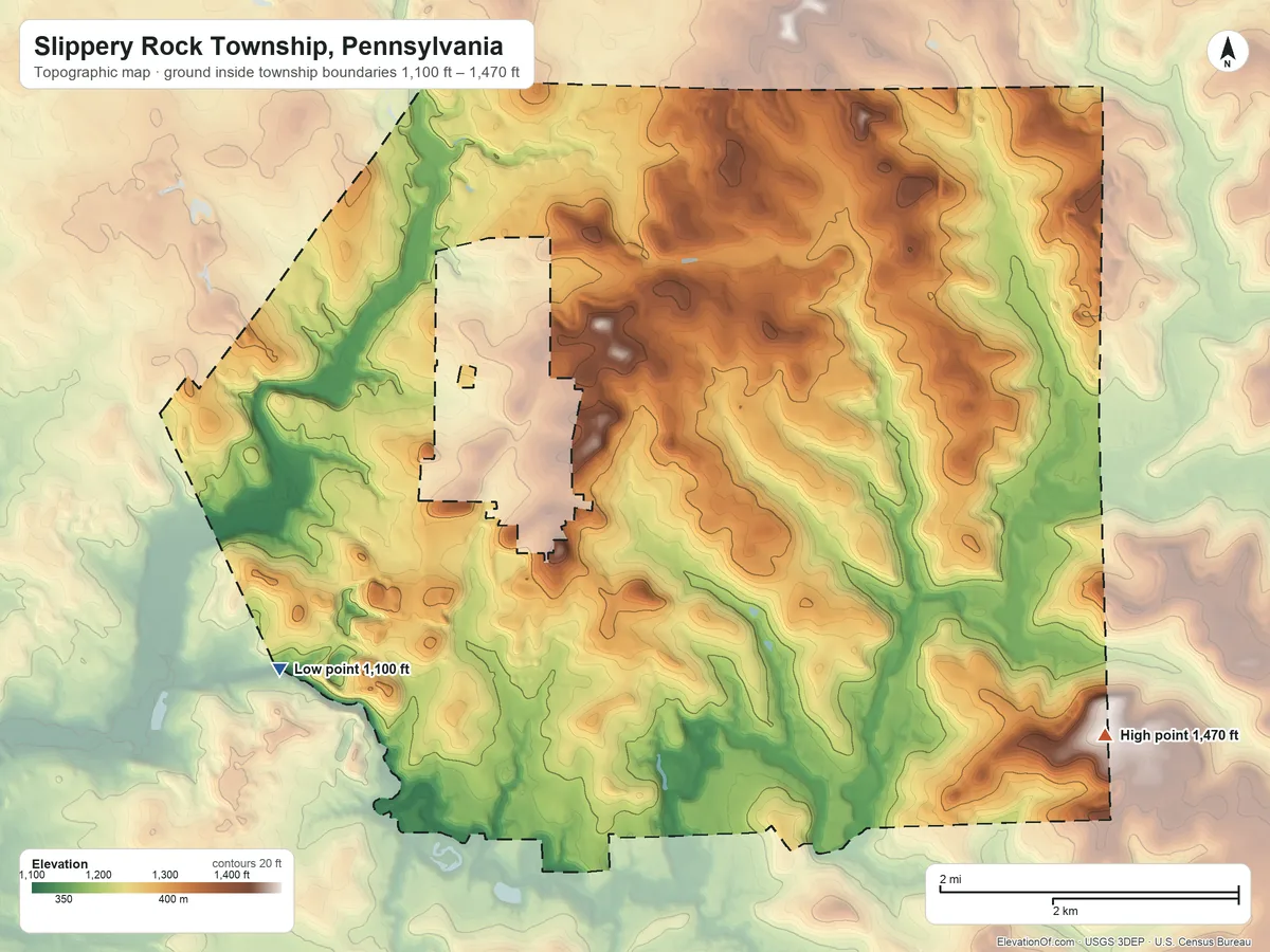 Topographic elevation map of Slippery Rock Township, Pennsylvania, shaded from 1,100 ft on the west side to 1,470 ft on the southeast side