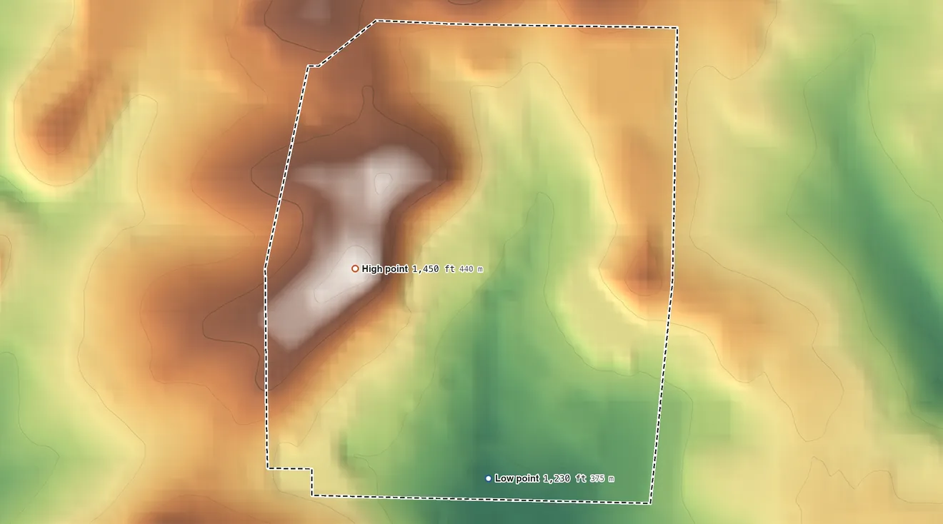 Topographic elevation map of Slippery Rock University, Pennsylvania, shaded from 1,230 ft on the south side to 1,450 ft on the northwest side