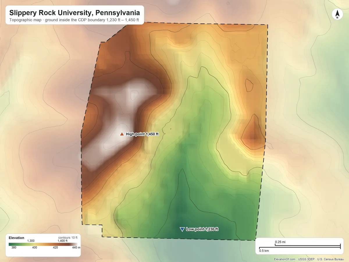 Topographic elevation map of Slippery Rock University, Pennsylvania, shaded from 1,230 ft on the south side to 1,450 ft on the northwest side