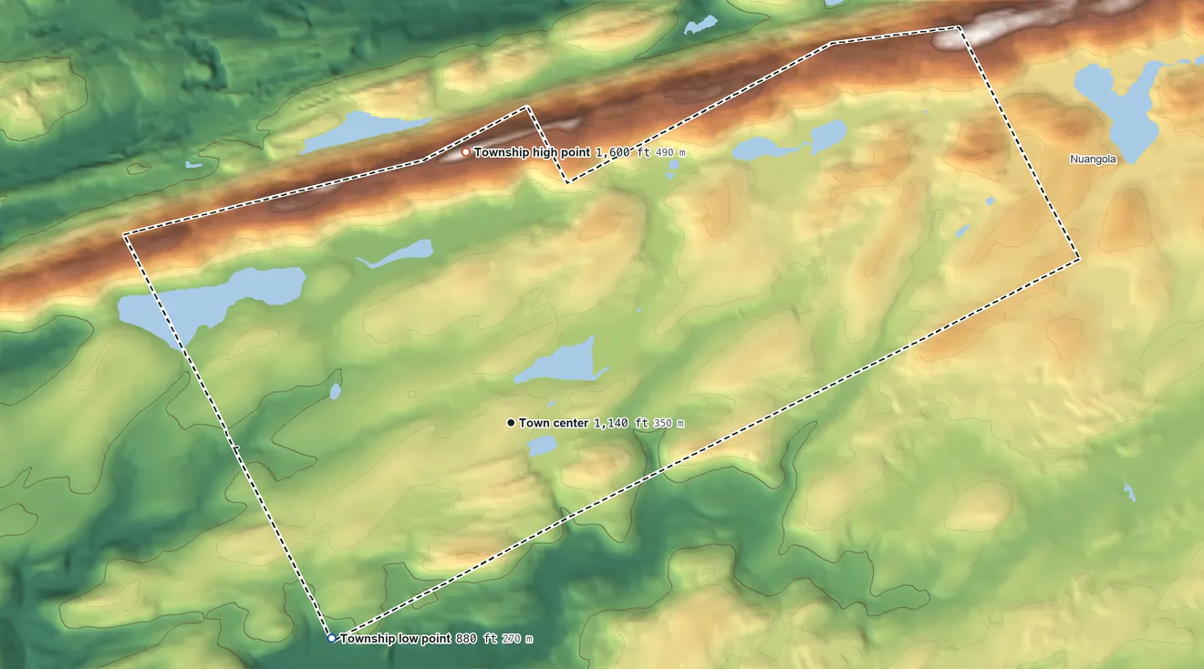 Topographic elevation map of Slocum Township, Pennsylvania, shaded from 880 ft on the southwest side to 1,600 ft on the north side