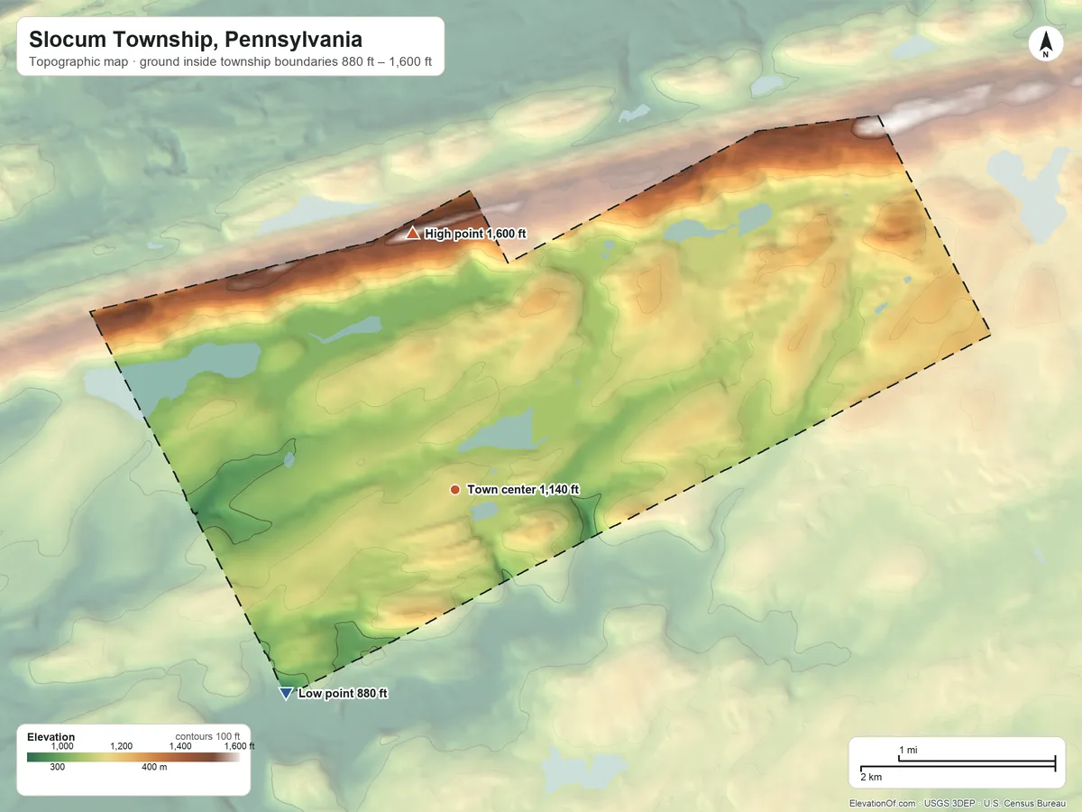 Topographic elevation map of Slocum Township, Pennsylvania, shaded from 880 ft on the southwest side to 1,600 ft on the north side