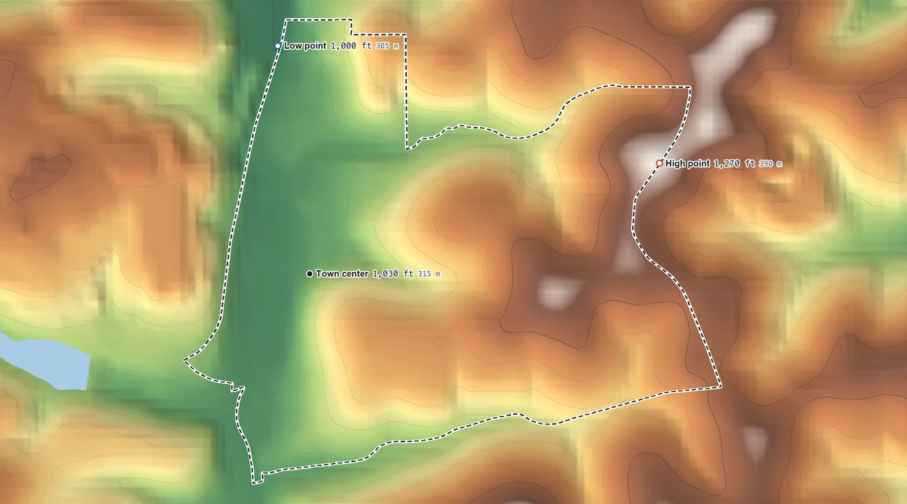 Topographic elevation map of Slovan, Pennsylvania, shaded from 1,000 ft on the north side to 1,270 ft on the east side