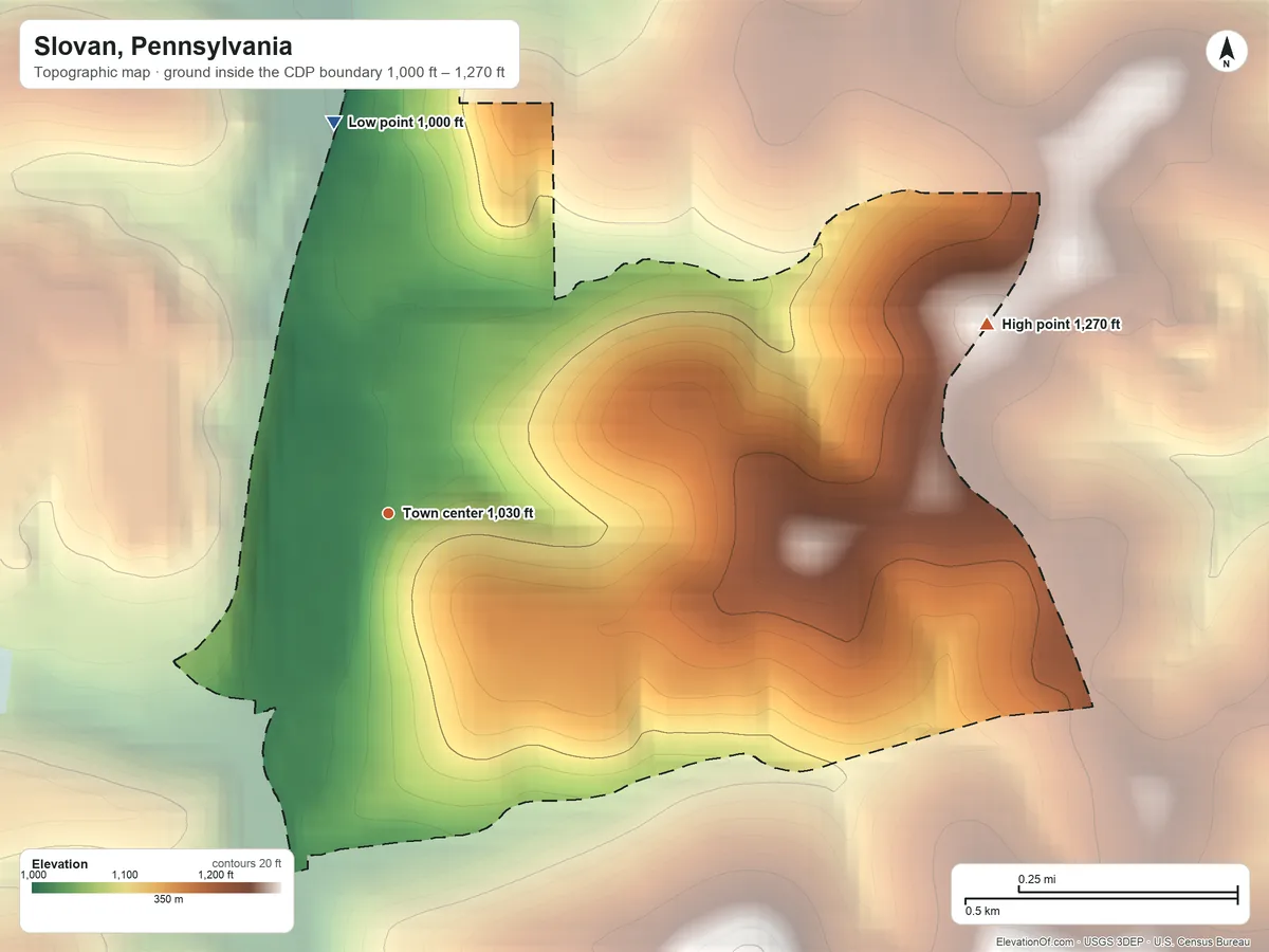 Topographic elevation map of Slovan, Pennsylvania, shaded from 1,000 ft on the north side to 1,270 ft on the east side
