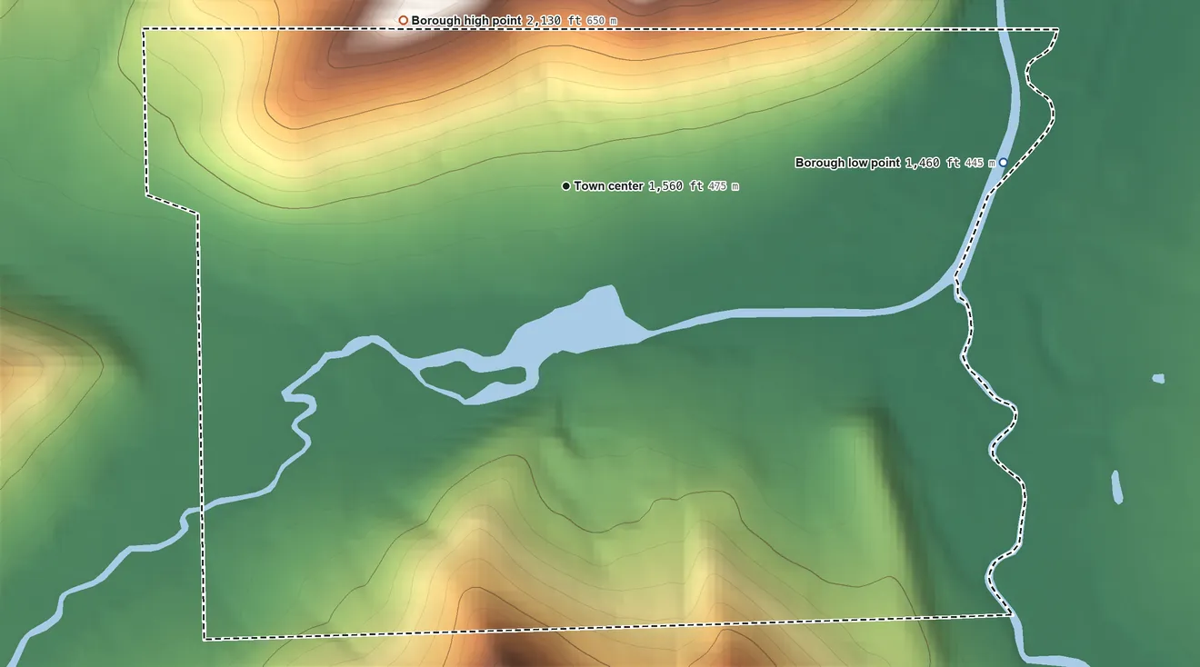 Topographic elevation map of Smethport, Pennsylvania, shaded from 1,460 ft on the east side to 2,130 ft on the northwest side