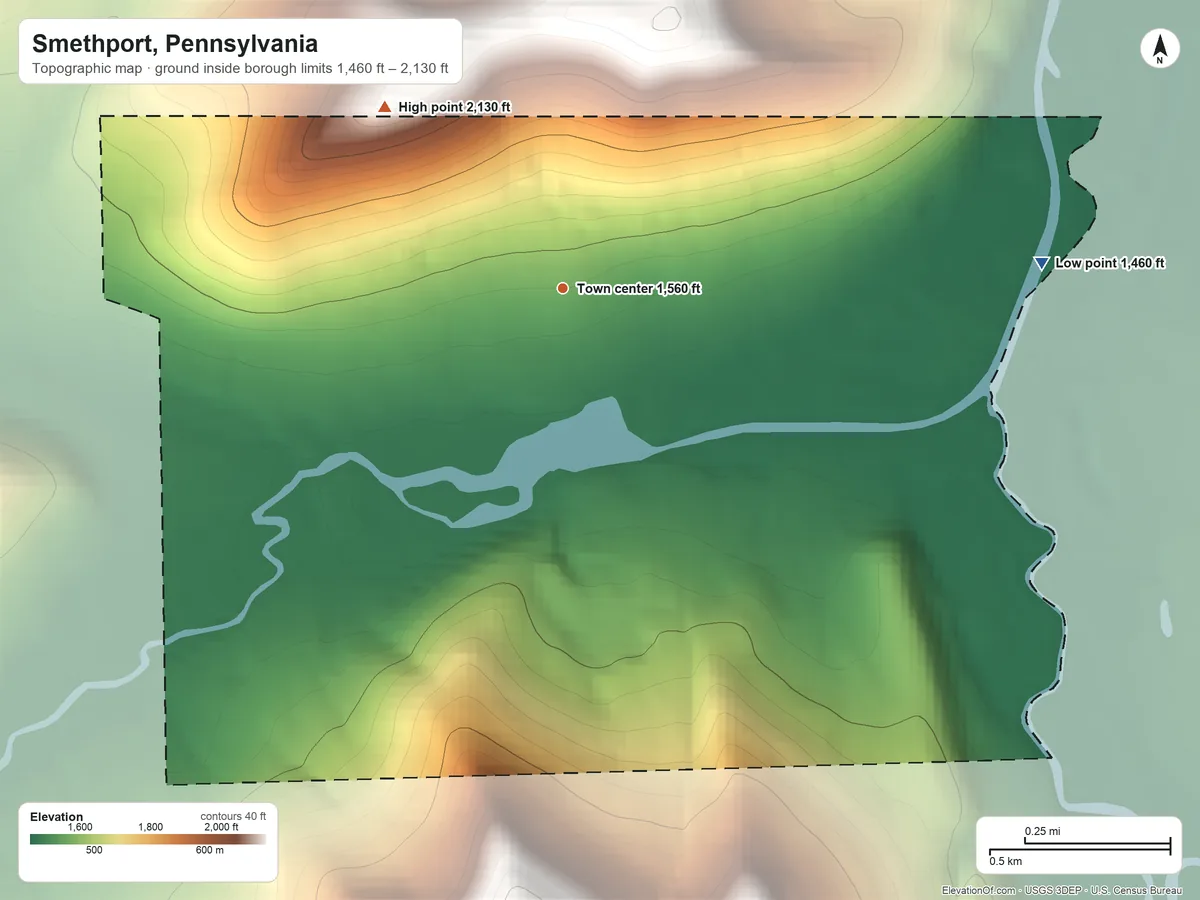 Topographic elevation map of Smethport, Pennsylvania, shaded from 1,460 ft on the east side to 2,130 ft on the northwest side