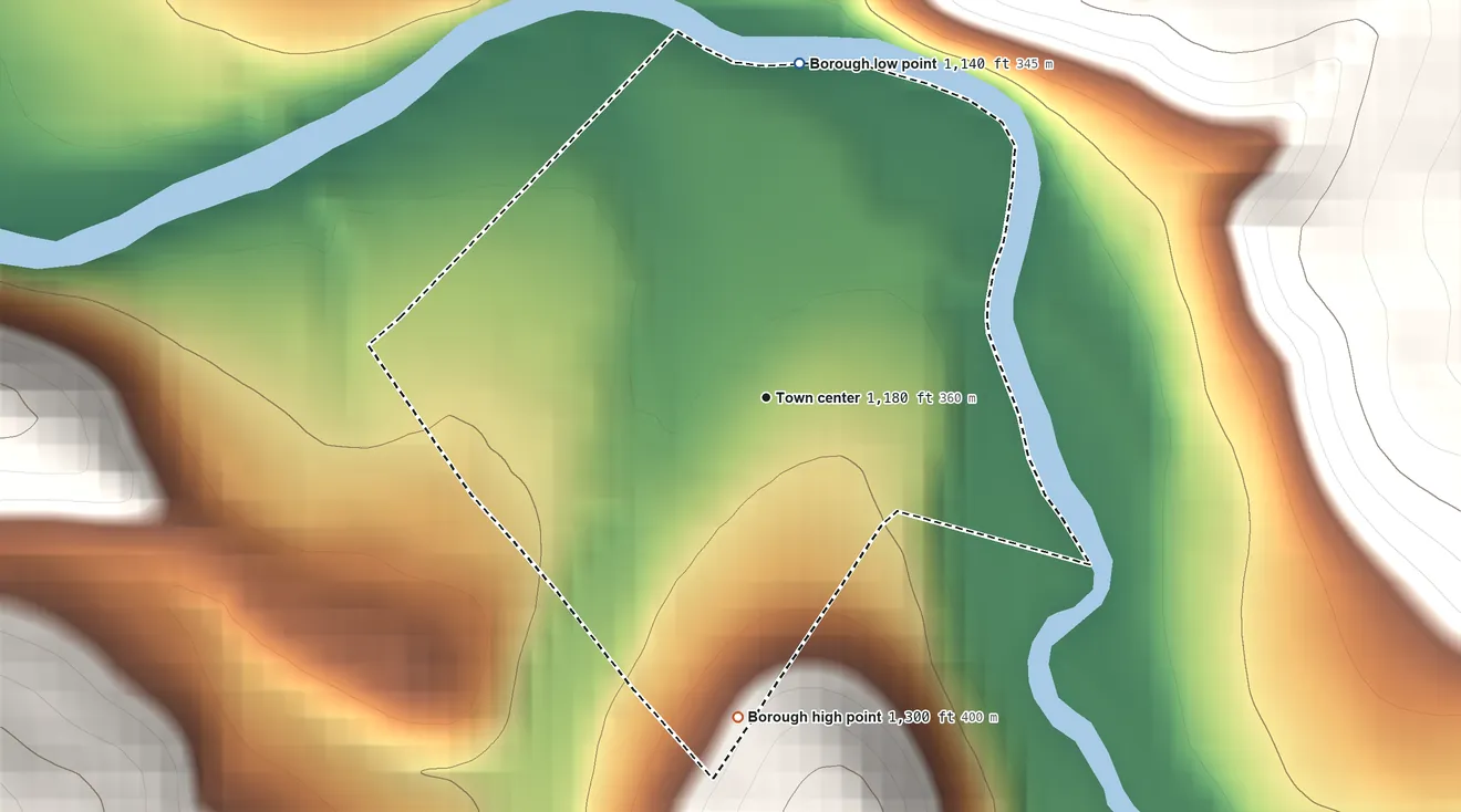 Topographic elevation map of Smicksburg, Pennsylvania, shaded from 1,140 ft on the north side to 1,300 ft on the south side
