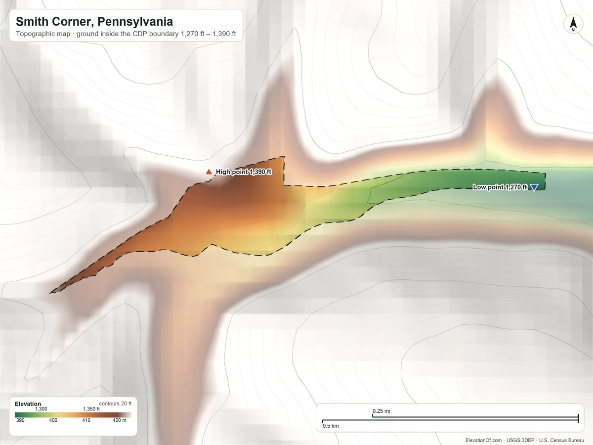 Topographic elevation map of Smith Corner, Pennsylvania, shaded from 1,270 ft on the east side to 1,390 ft at the foot of the Tussey Mountain