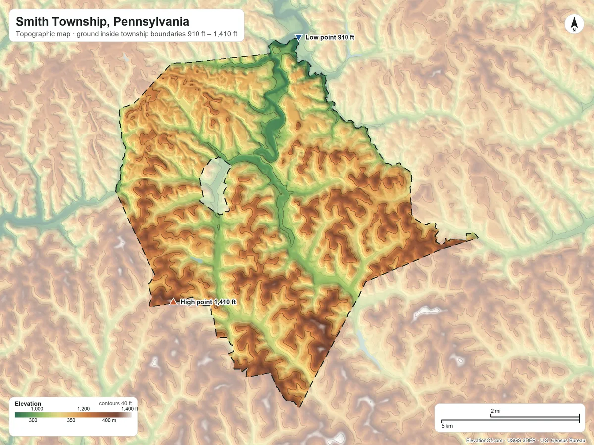 Topographic elevation map of Smith Township, Pennsylvania, shaded from 910 ft on the north side to 1,410 ft on the southwest edge, below higher ground just outside