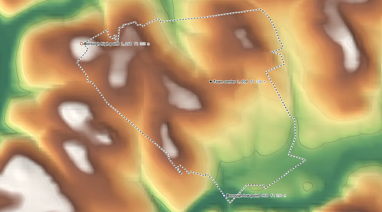 Topographic elevation map of Smithfield, Pennsylvania, shaded from 960 ft on the south side to 1,160 ft on the west side